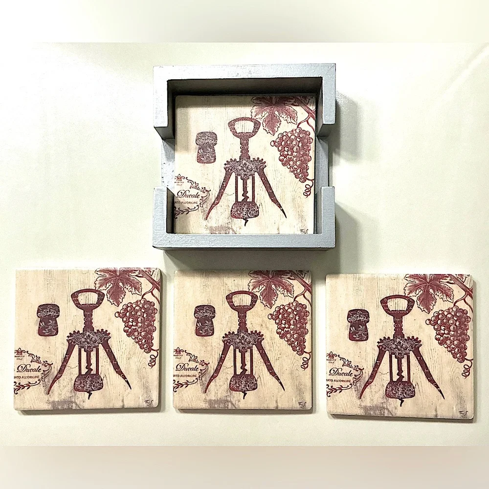 Wine Themed 4 Coasters with Holder
